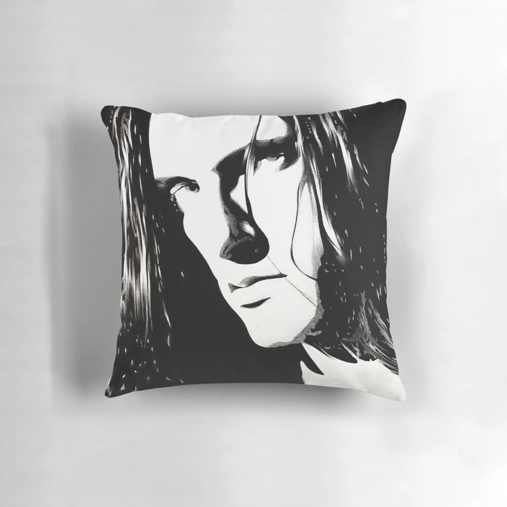 A black and white portrait of the iconic goth metal artist Peter Steele on a Pillow POD product.