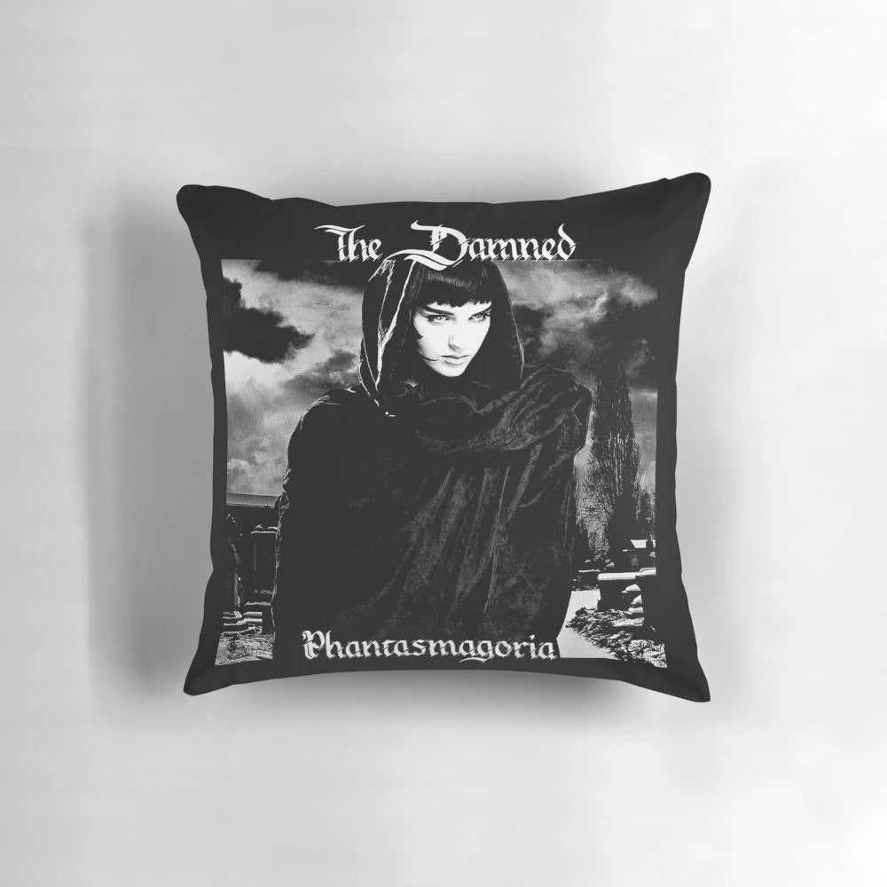 Dark and moody pillow featuring gothic imagery and the iconic logo of the punk band The Damned