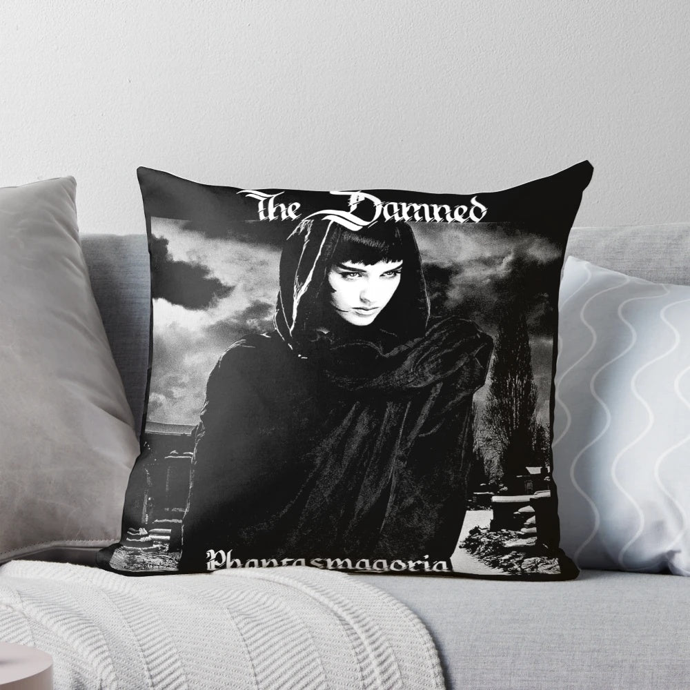 Dark and moody pillow featuring gothic imagery and the iconic logo of the punk band The Damned