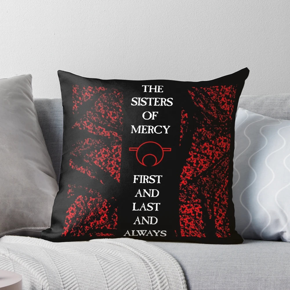 Goth-inspired pillow featuring the album cover of "First and Last and Always" by The Sisters of Mercy