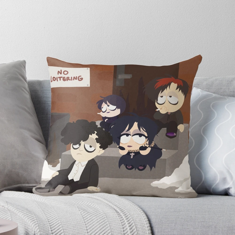 Decorative goth-inspired throw pillow with South Park design