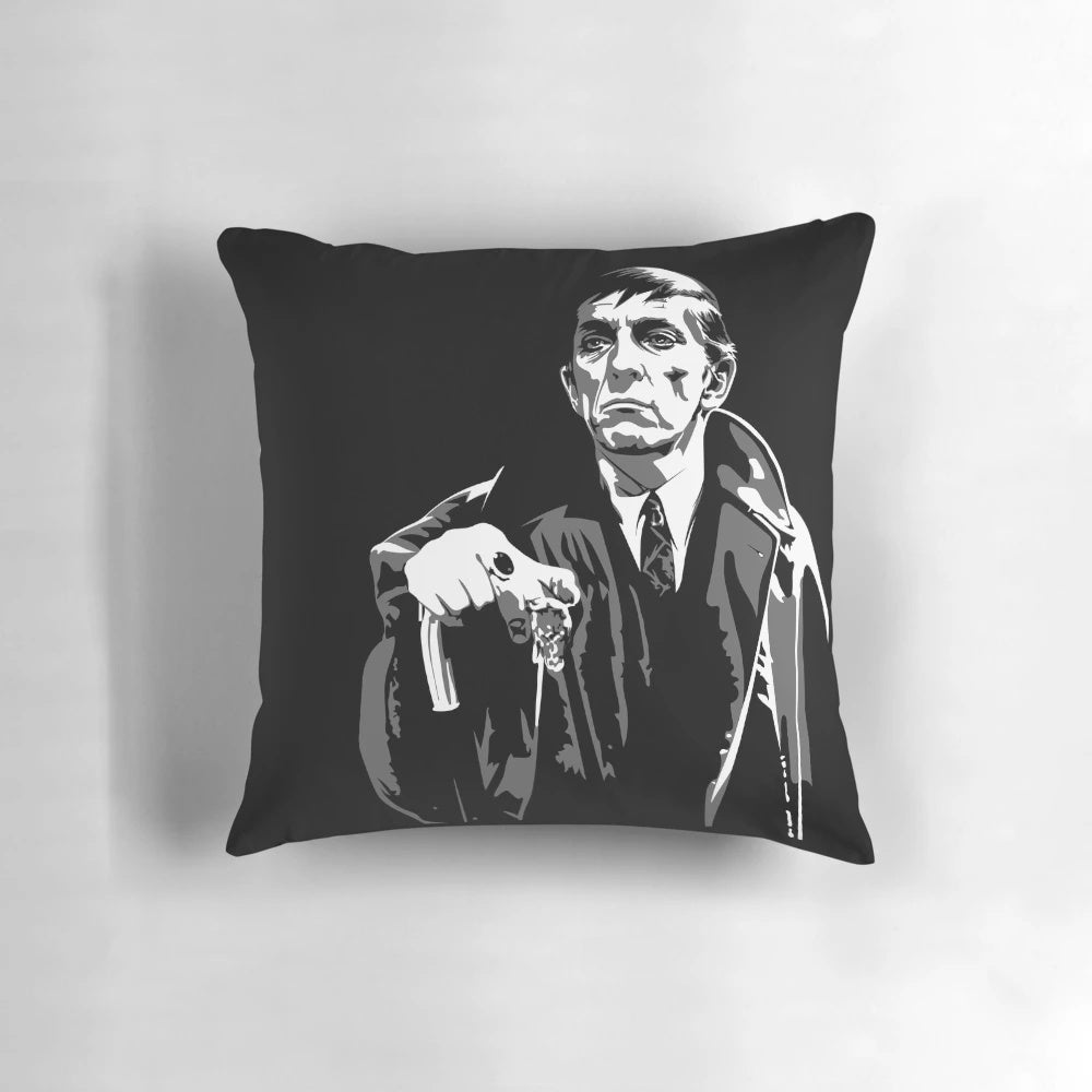 Two dark and moody gothic-style throw pillows featuring the classic vampire character Barnabas Collins from the Dark Shadows TV series