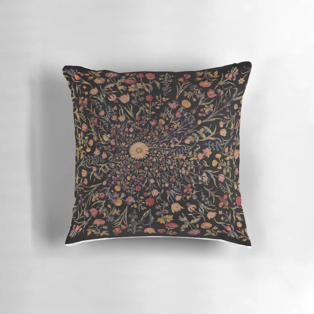 Black and white medieval flowers printed on a decorative pillow cover