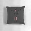 Stylish gothic-inspired throw pillow design featuring the Addams family characters Wednesday and Friday with a crescent moon and pumpkin motif.