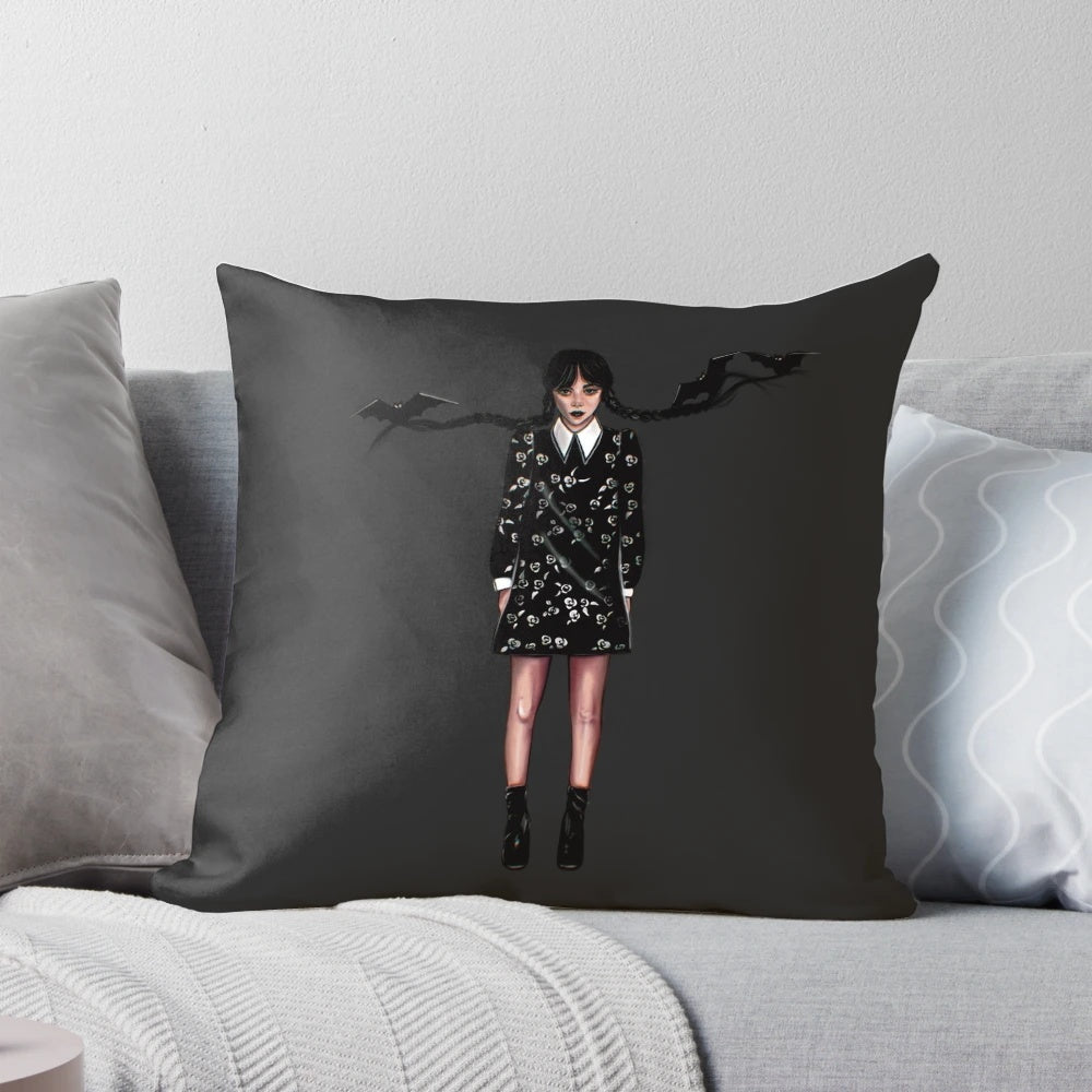 Stylish gothic-inspired throw pillow design featuring the Addams family characters Wednesday and Friday with a crescent moon and pumpkin motif.