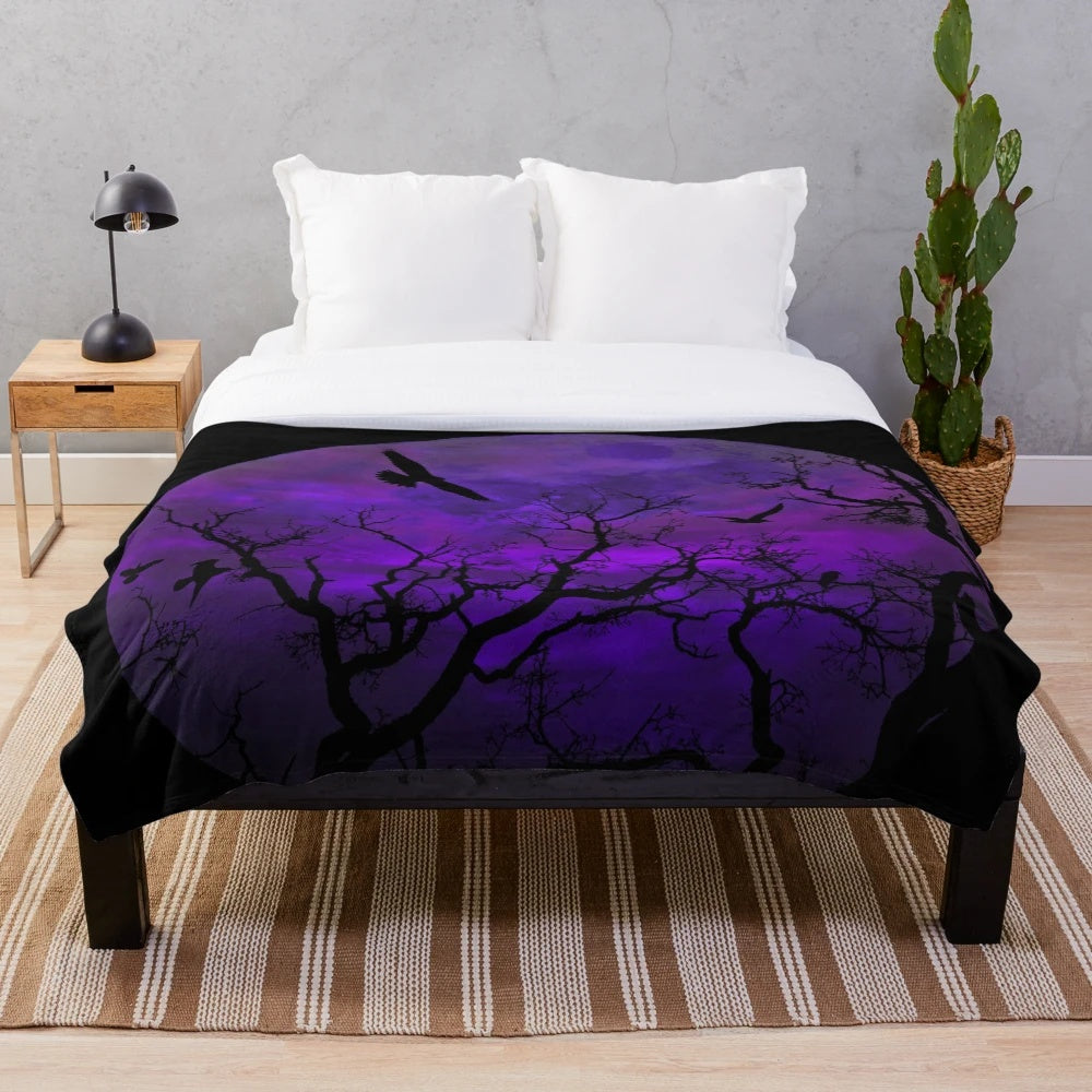 Gothic moon plush blanket with birds, crows, and cloudy night sky