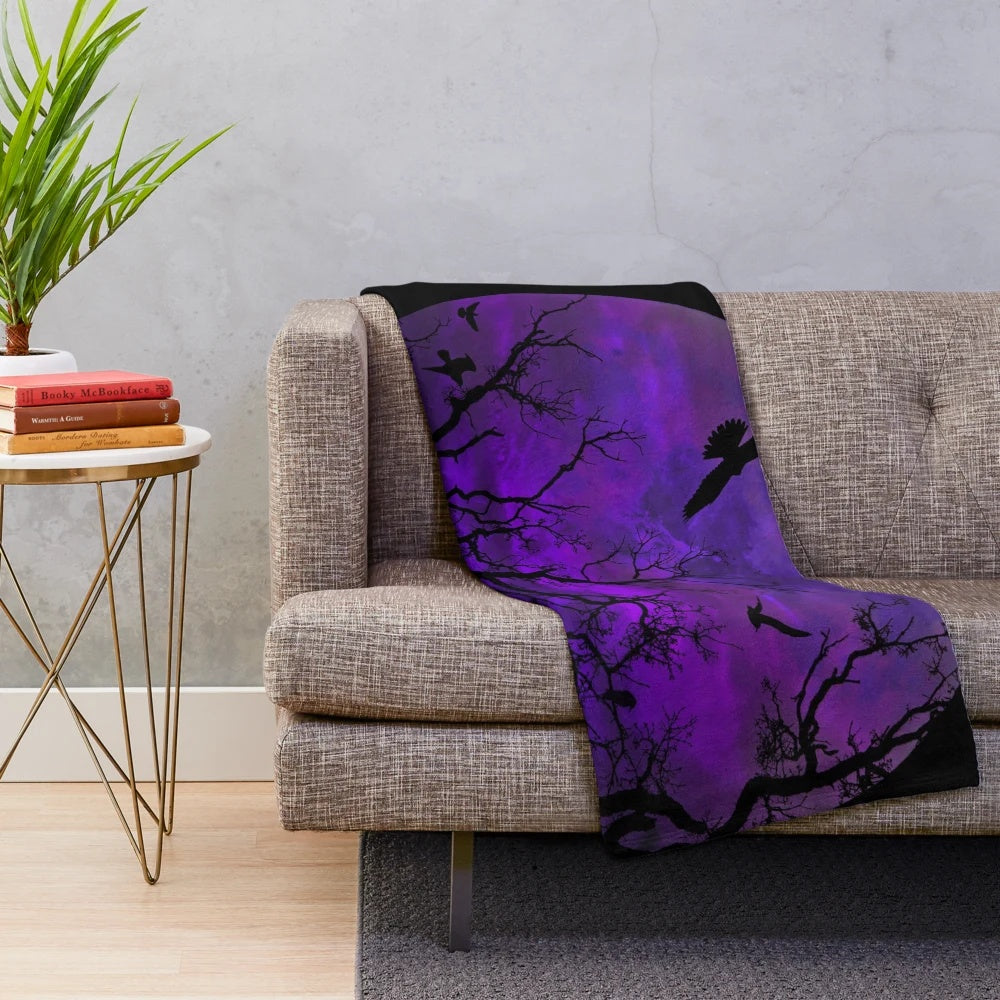 Gothic moon plush blanket with birds, crows, and cloudy night sky