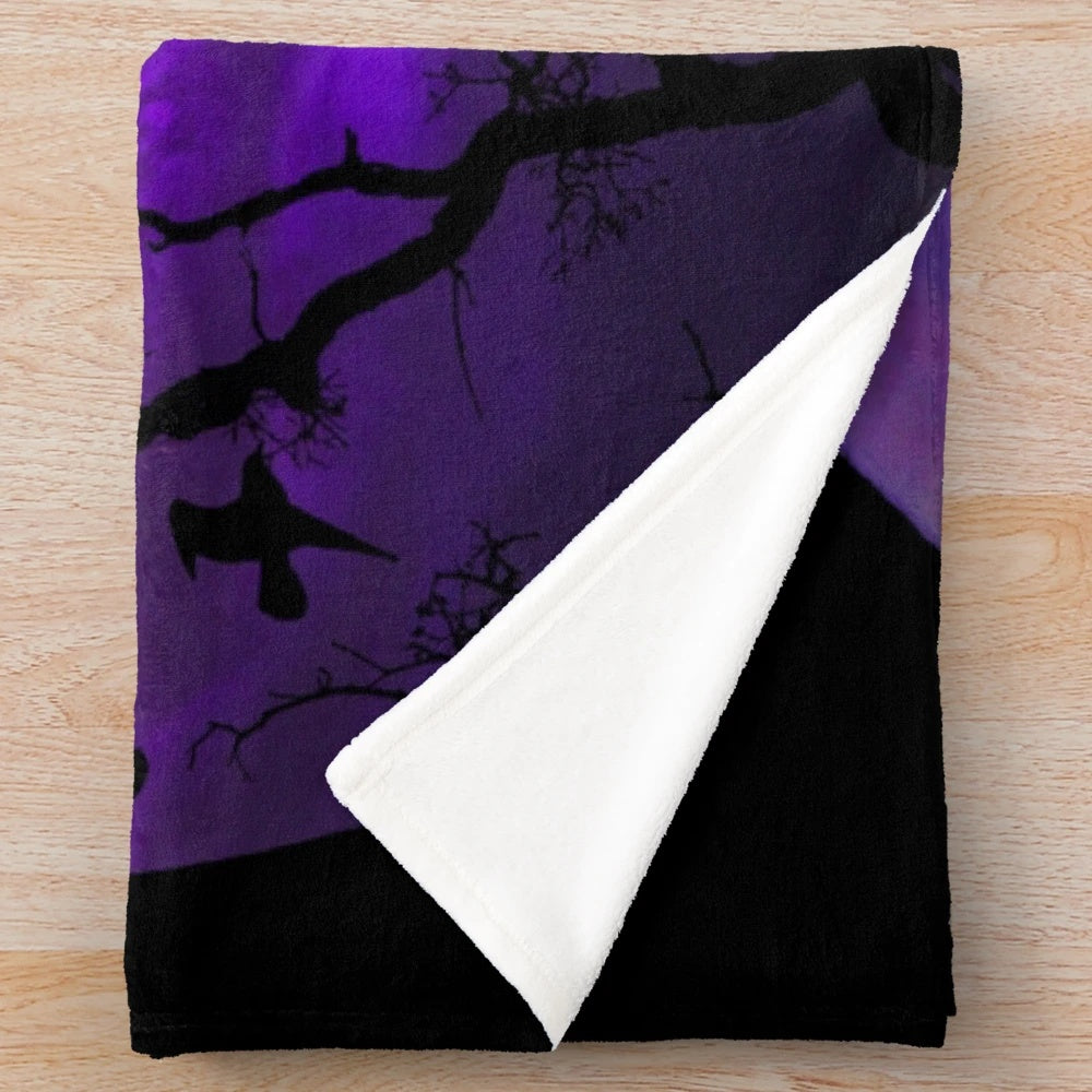 Gothic moon plush blanket with birds, crows, and cloudy night sky
