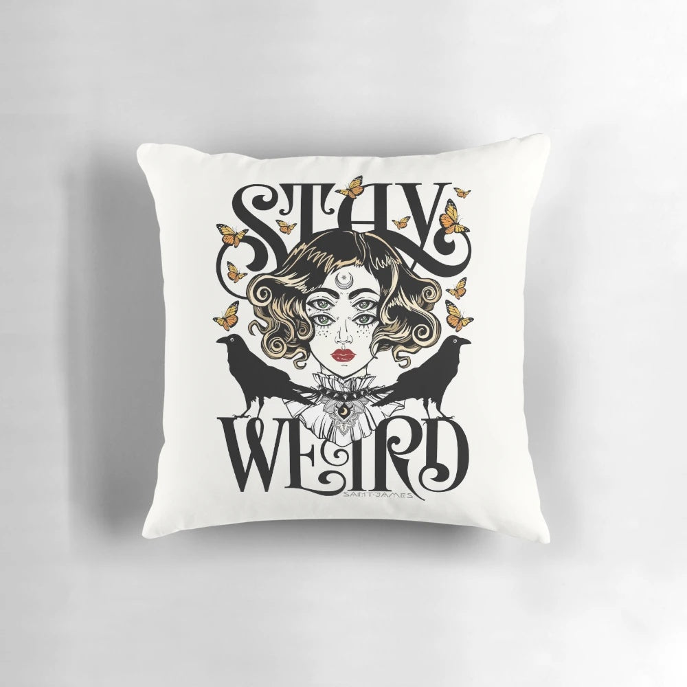 A decorative pillow featuring a gothic, witchy design with a raven and rose.