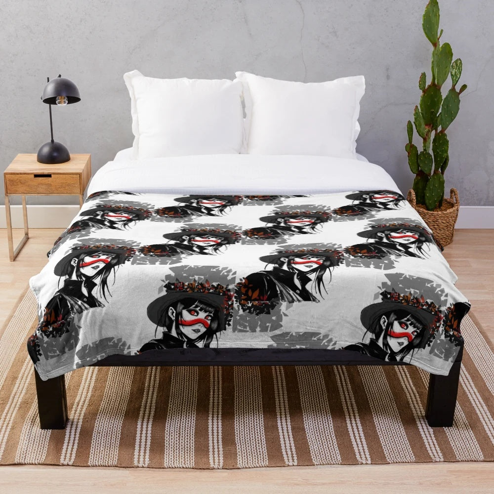 Cozy plush blanket featuring a gothic witch girl in a dark, spooky design.
