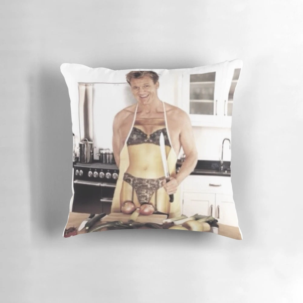 Gourmet chef-inspired decorative pillow featuring Gordon Ramsay's likeness