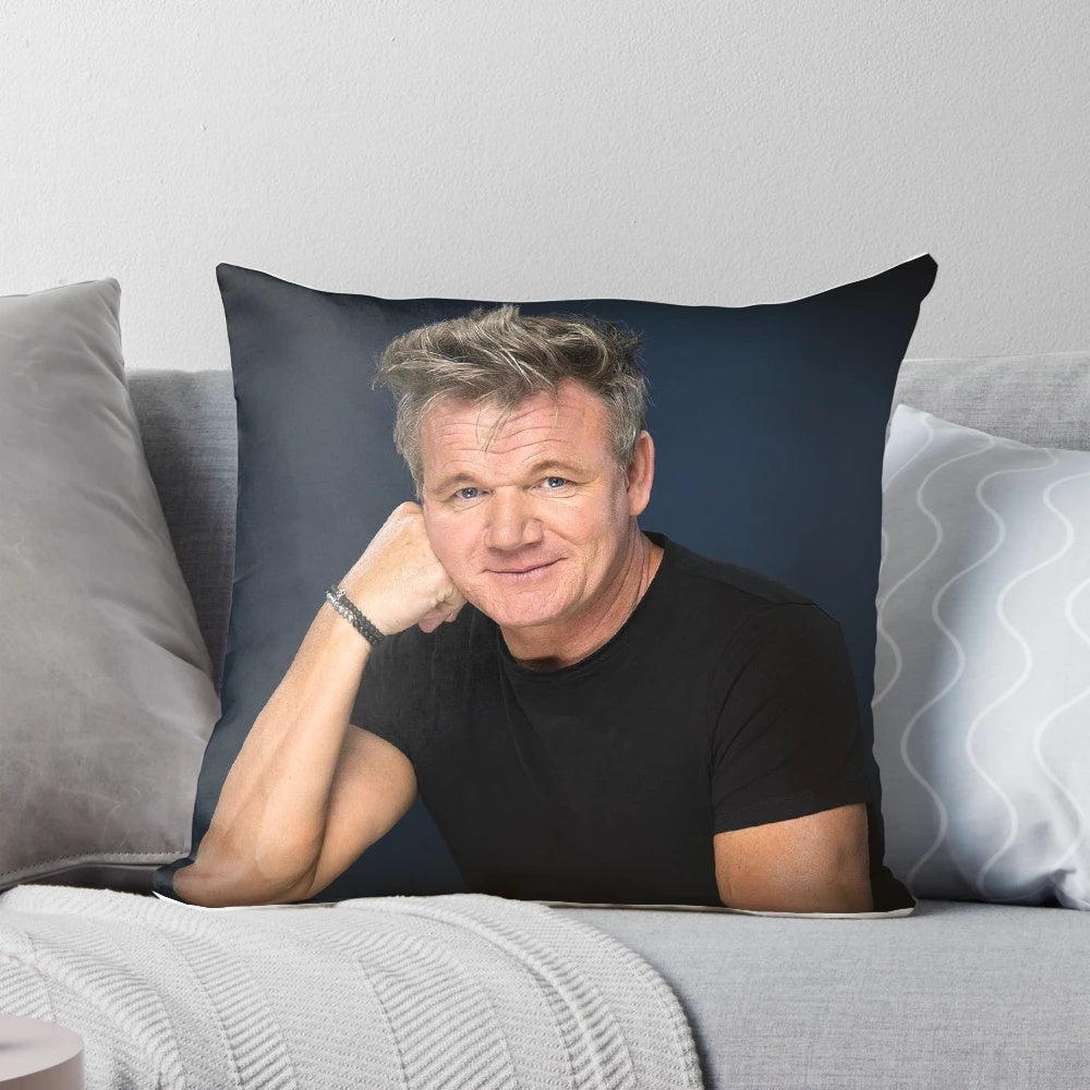 Plush pillow inspired by celebrity chef Gordon Ramsay, featuring his iconic look and kitchen-themed design.