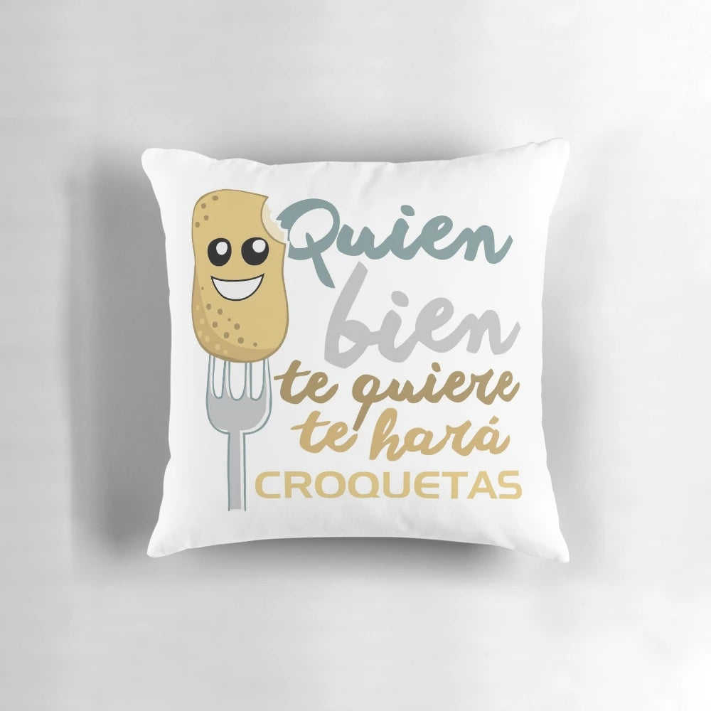 Soft and plush pillow shaped like delicious croquetas, a Spanish fried appetizer.