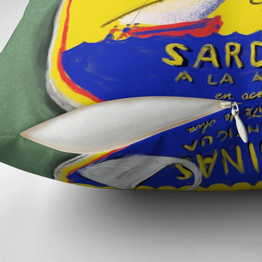 Colorful decorative pillow featuring a painting of tinned seafood like anchovies and sardines