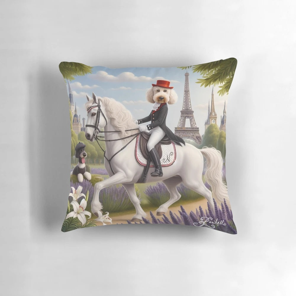 Illustration of a graceful labradoodle dog riding a dressage horse through a scenic landscape in Paris, France.