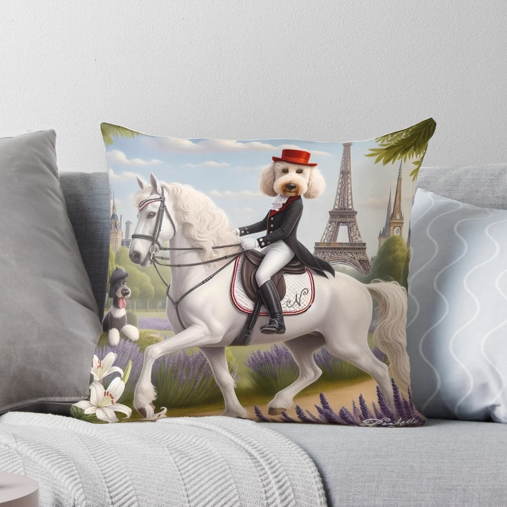 Illustration of a graceful labradoodle dog riding a dressage horse through a scenic landscape in Paris, France.
