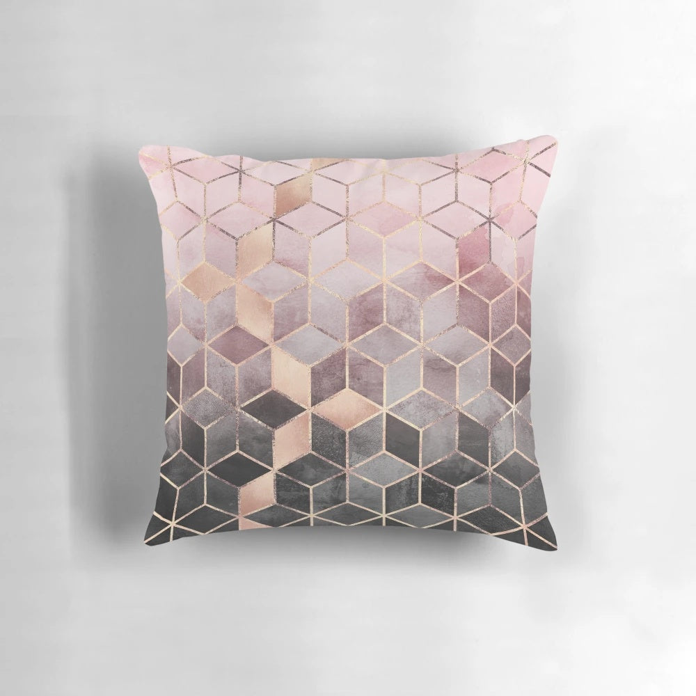 Modern abstract pink and grey geometric cubes pattern decorative pillow