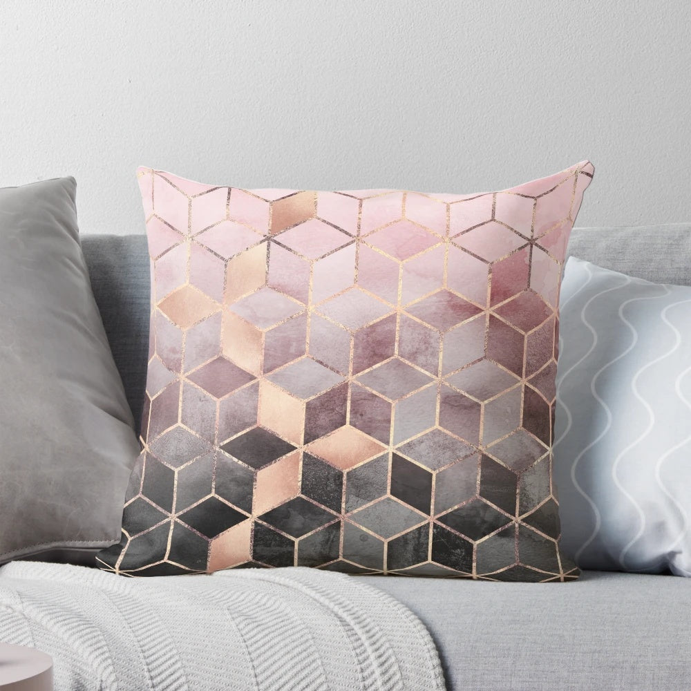 Modern abstract pink and grey geometric cubes pattern decorative pillow