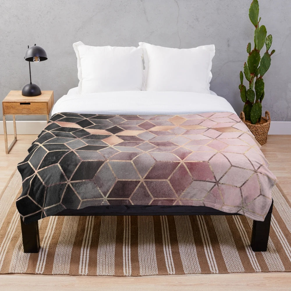 Gradient Cubes Plush Blanket with Artistic Abstract Geometric Design