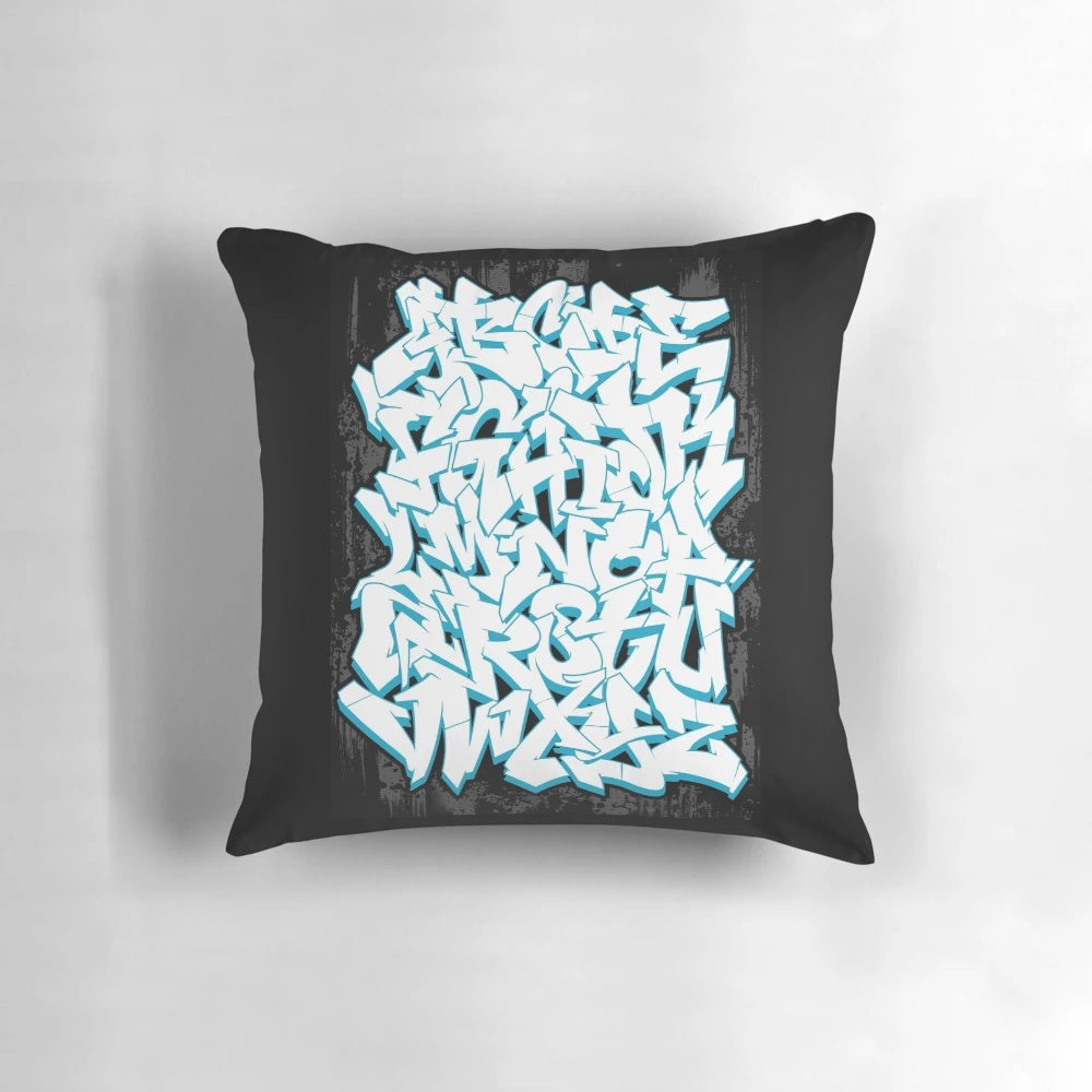 Graffiti alphabet pillow featuring bold, colorful letters in a contemporary typography design.
