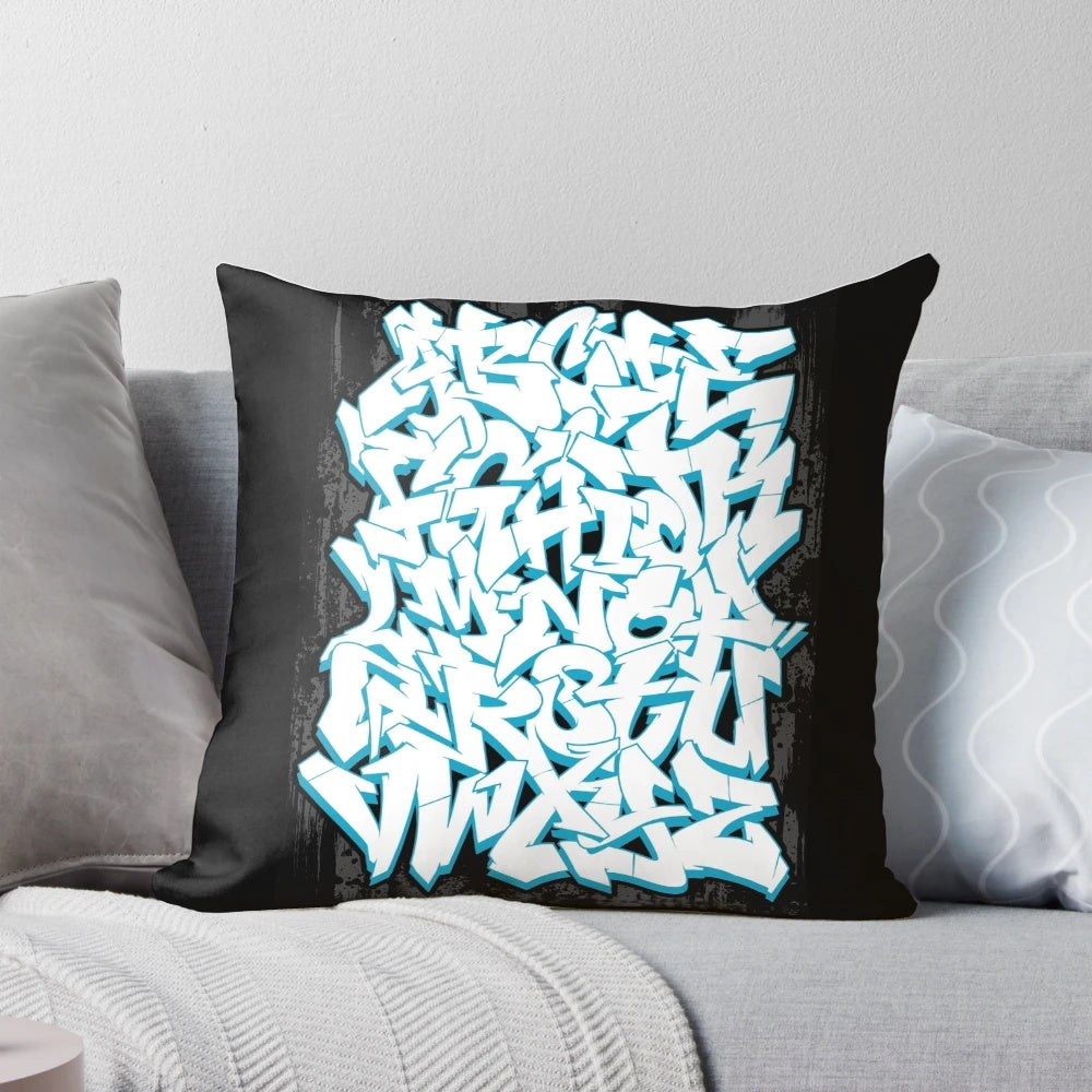 Graffiti alphabet pillow featuring bold, colorful letters in a contemporary typography design.