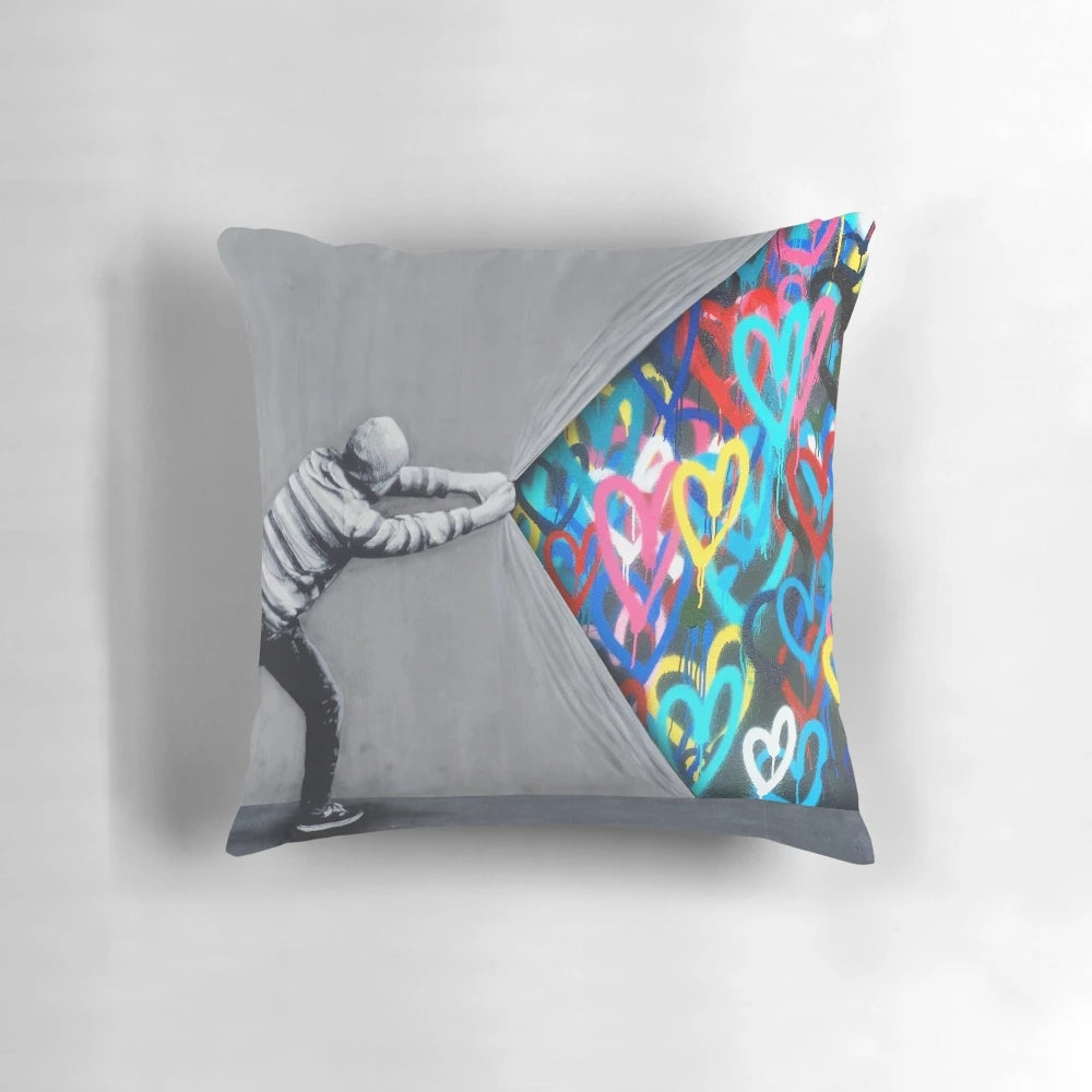 Graffiti hearts spray paint art pillow with a modern, thought-provoking design.