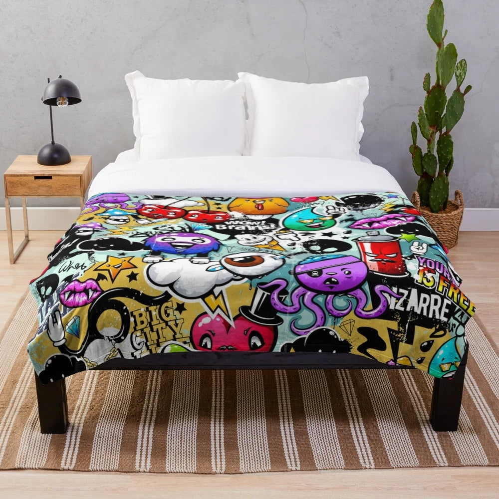 Graffiti-inspired plush blanket featuring vibrant urban street art design