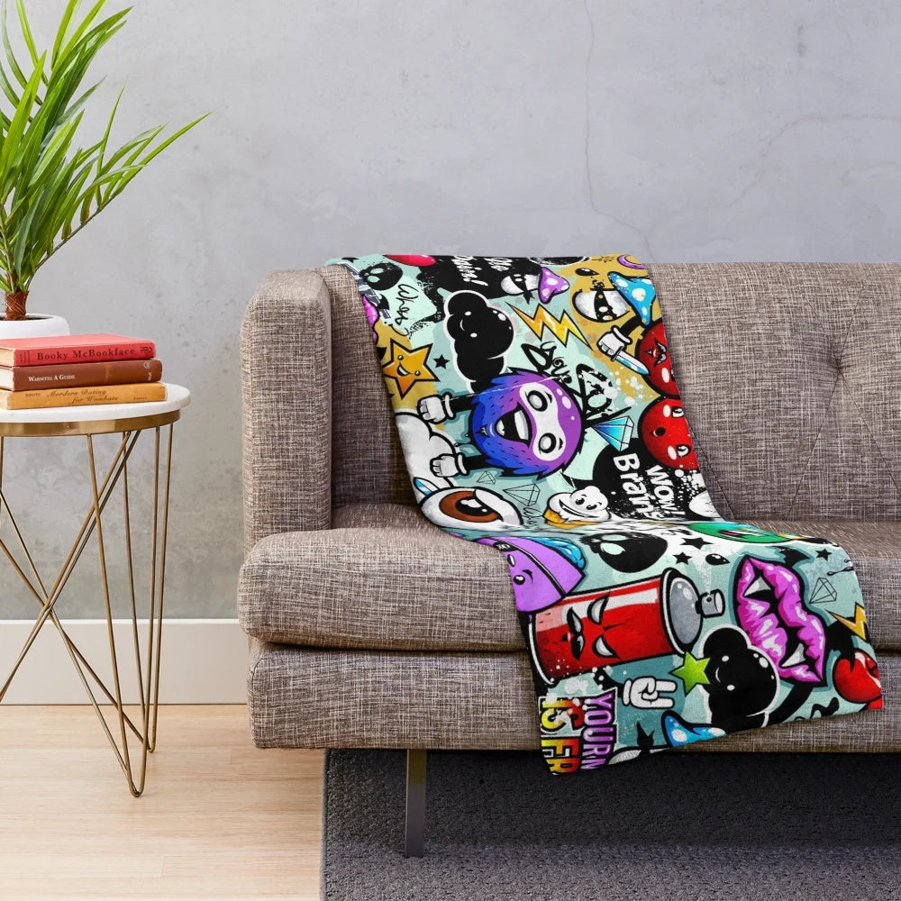 Graffiti-inspired plush blanket featuring vibrant urban street art design