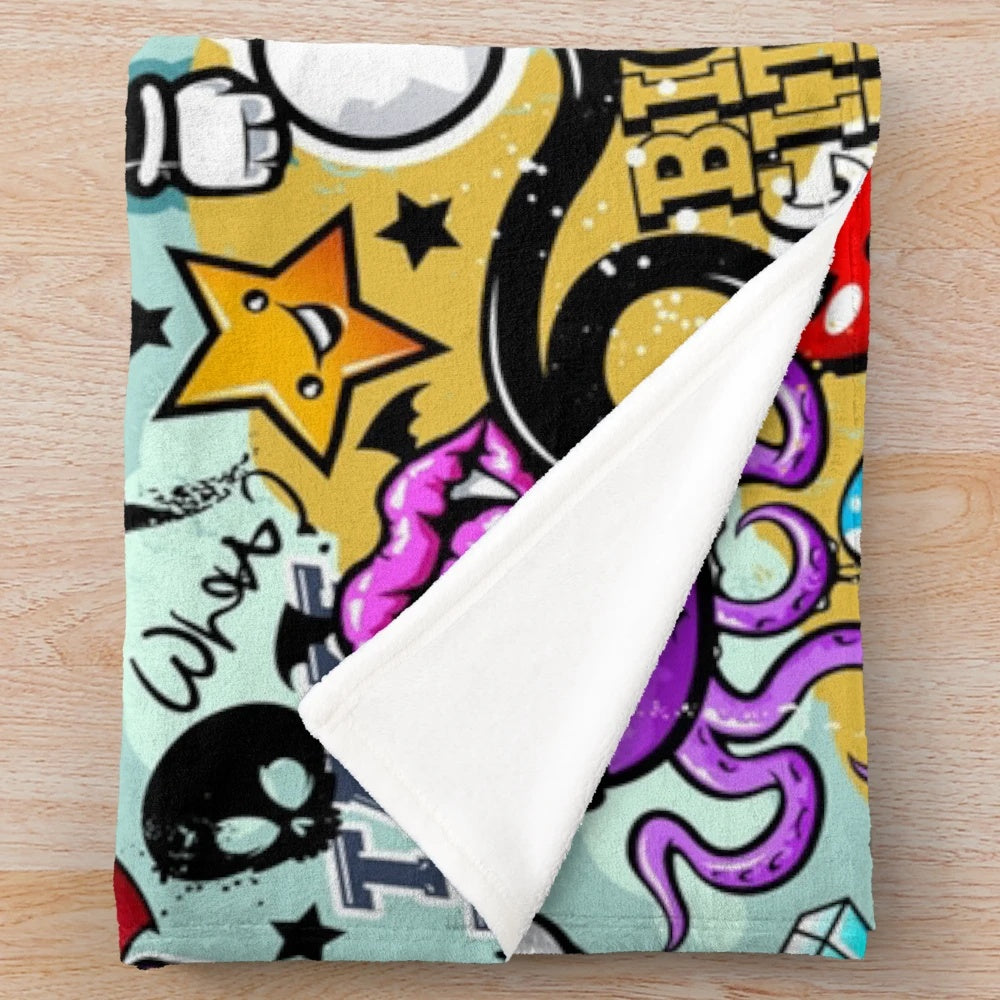 Graffiti-inspired plush blanket featuring vibrant urban street art design