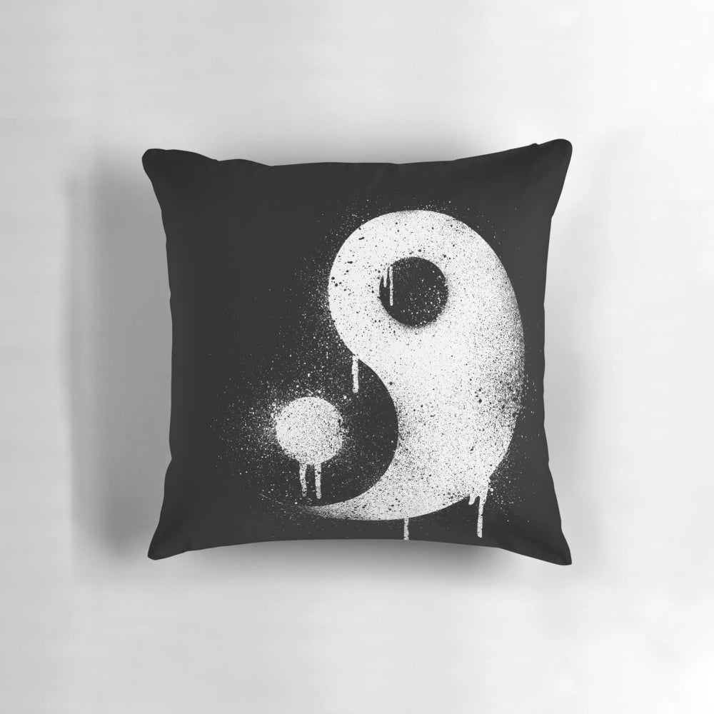 Graffiti-inspired yin yang pillow with spray paint, distressed and weathered design