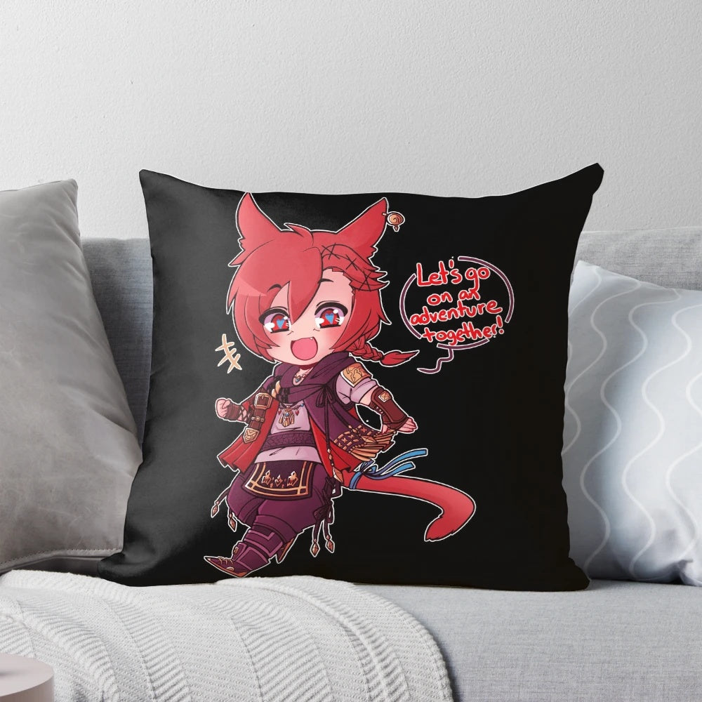 A high-quality decorative pillow featuring an illustration of the character Graha Tia from the video game Final Fantasy XIV.