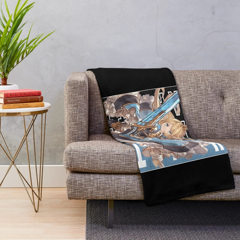 Granblue Fantasy-inspired plush blanket featuring characters Gran, Lyria, and Rackam