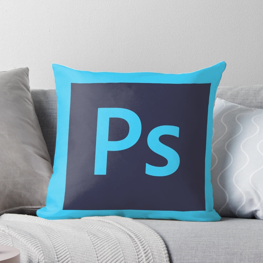 Photoshop-inspired decorative pillow featuring Adobe software icons and branding