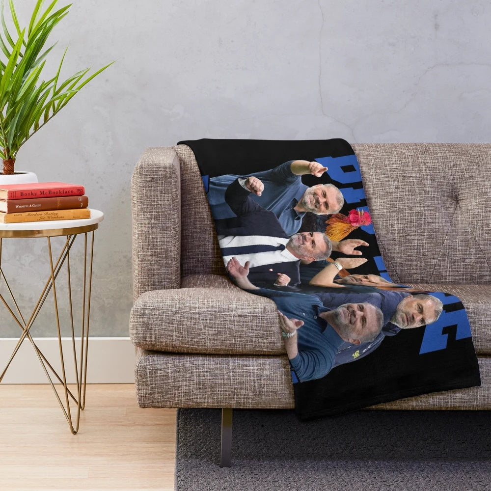 Graphic plush blanket featuring a design of Big Ange Postecoglou, the manager of Tottenham Hotspur