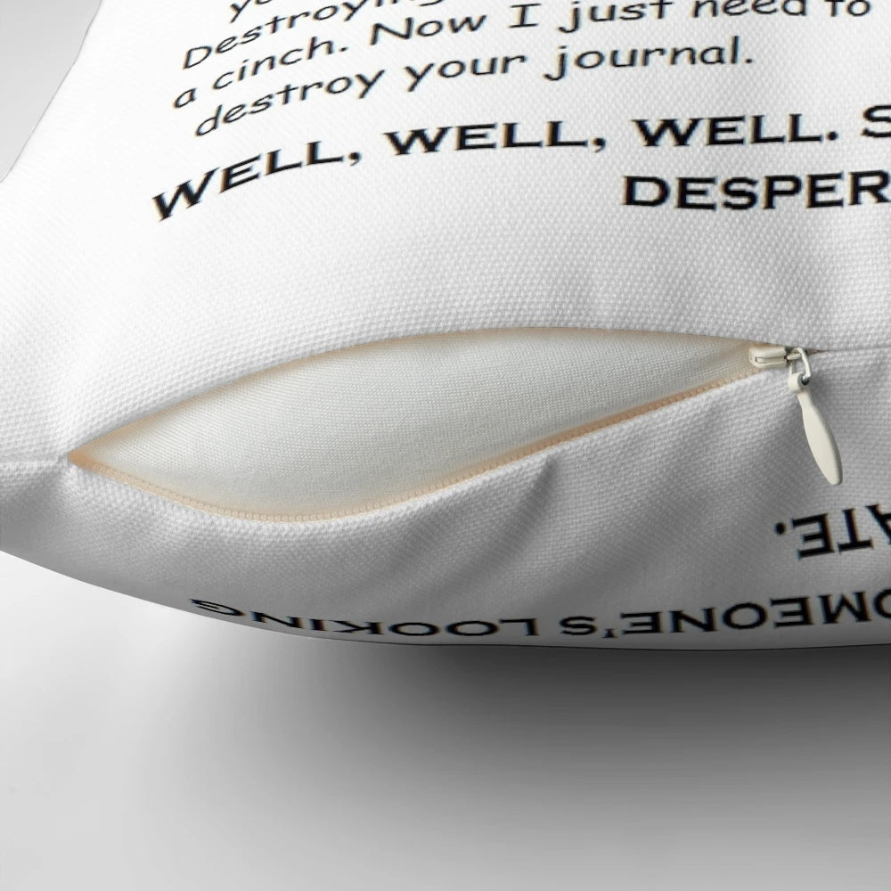 Decorative throw pillow featuring Bill Cipher quotes from the TV show Gravity Falls