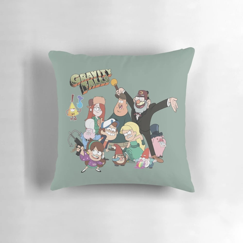 Gravity Falls characters decorative throw pillow featuring Bill Cipher, Mabel, Dipper, Wendy, Soos, and Gideon.