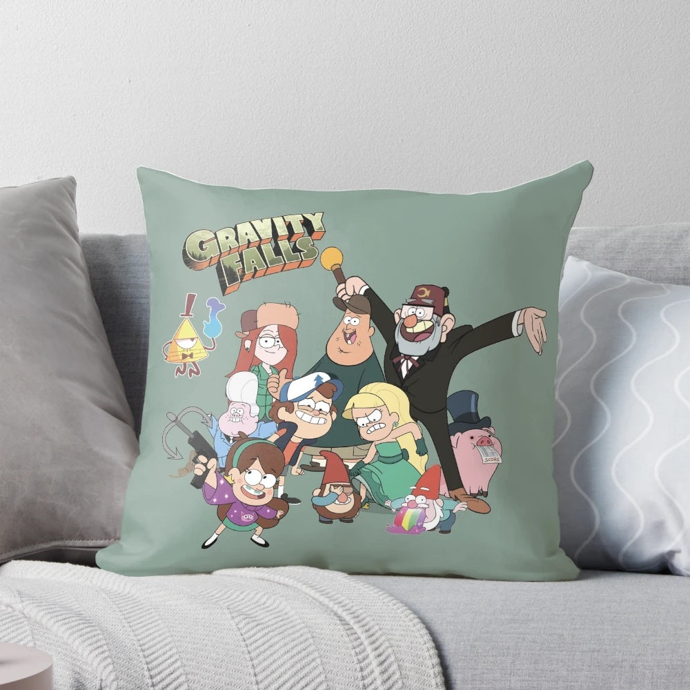 Gravity Falls characters decorative throw pillow featuring Bill Cipher, Mabel, Dipper, Wendy, Soos, and Gideon.