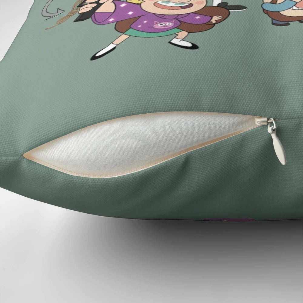 Gravity Falls characters decorative throw pillow featuring Bill Cipher, Mabel, Dipper, Wendy, Soos, and Gideon.