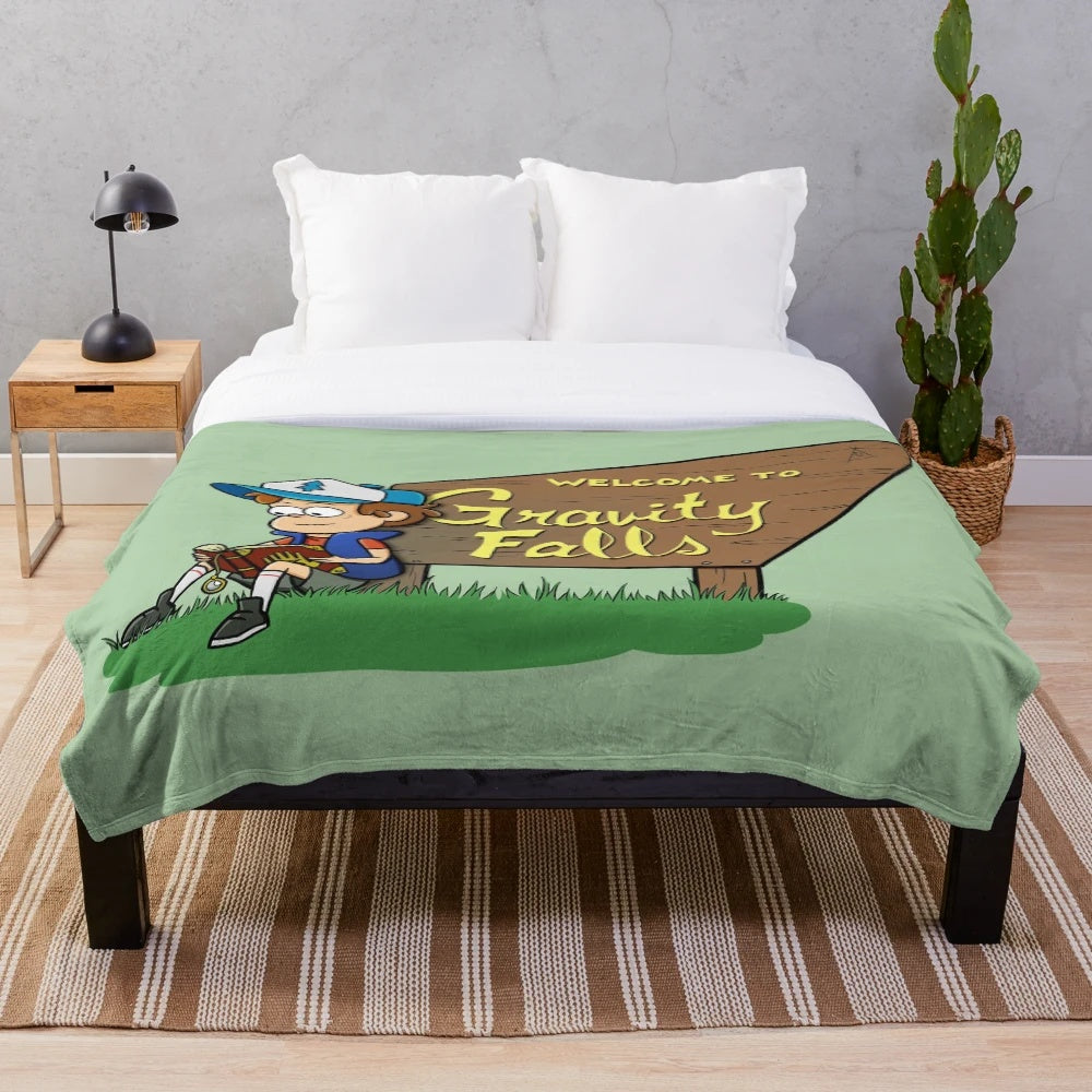 Gravity Falls inspired mystery plush blanket with pine tree cipher design
