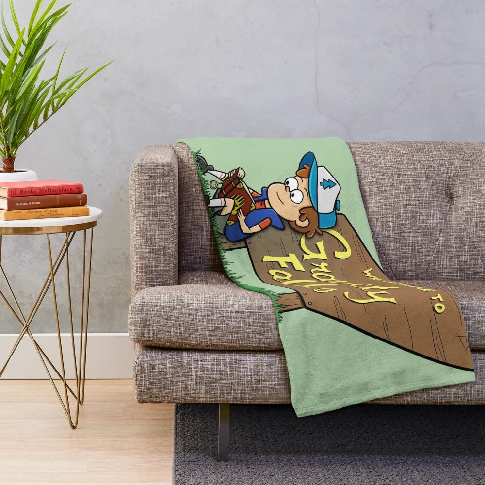 Gravity Falls inspired mystery plush blanket with pine tree cipher design