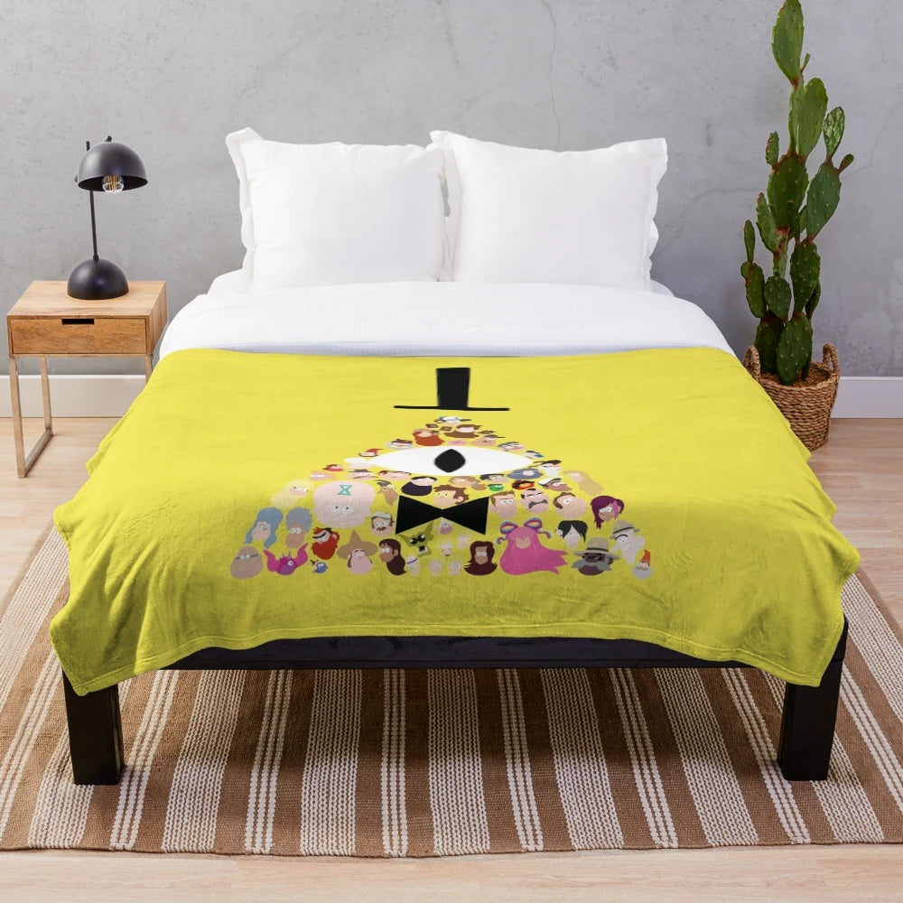 Gravity Falls inspired plush blanket featuring characters Dipper, Mabel, Stan, Ford, and Bill Cipher