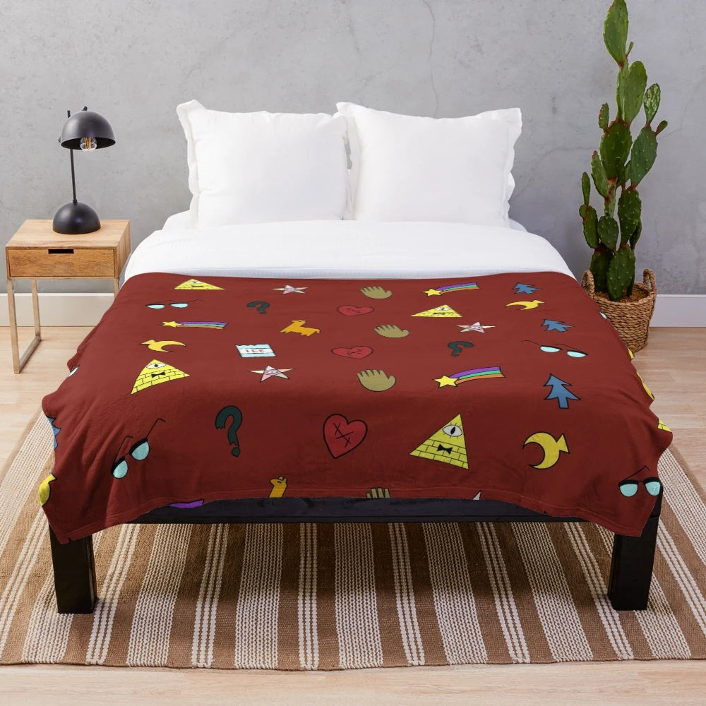 Gravity Falls inspired plush throw blanket with cartoon symbols like pine trees, shooting stars, and triangles