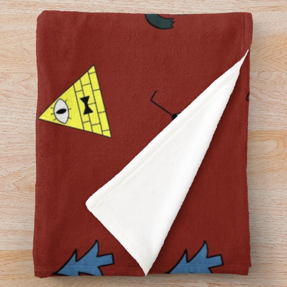 Gravity Falls inspired plush throw blanket with cartoon symbols like pine trees, shooting stars, and triangles