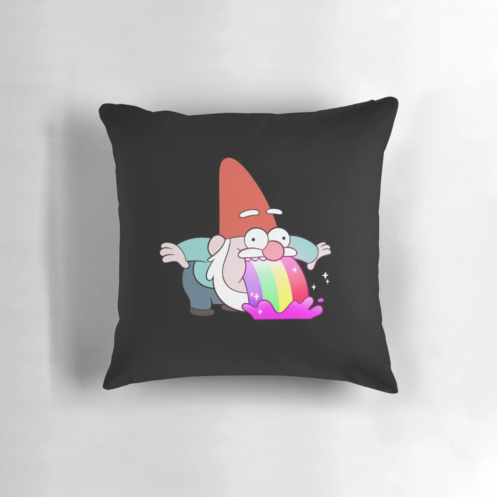 Colorful rainbow vomiting gnome decorative pillow inspired by the TV show Gravity Falls