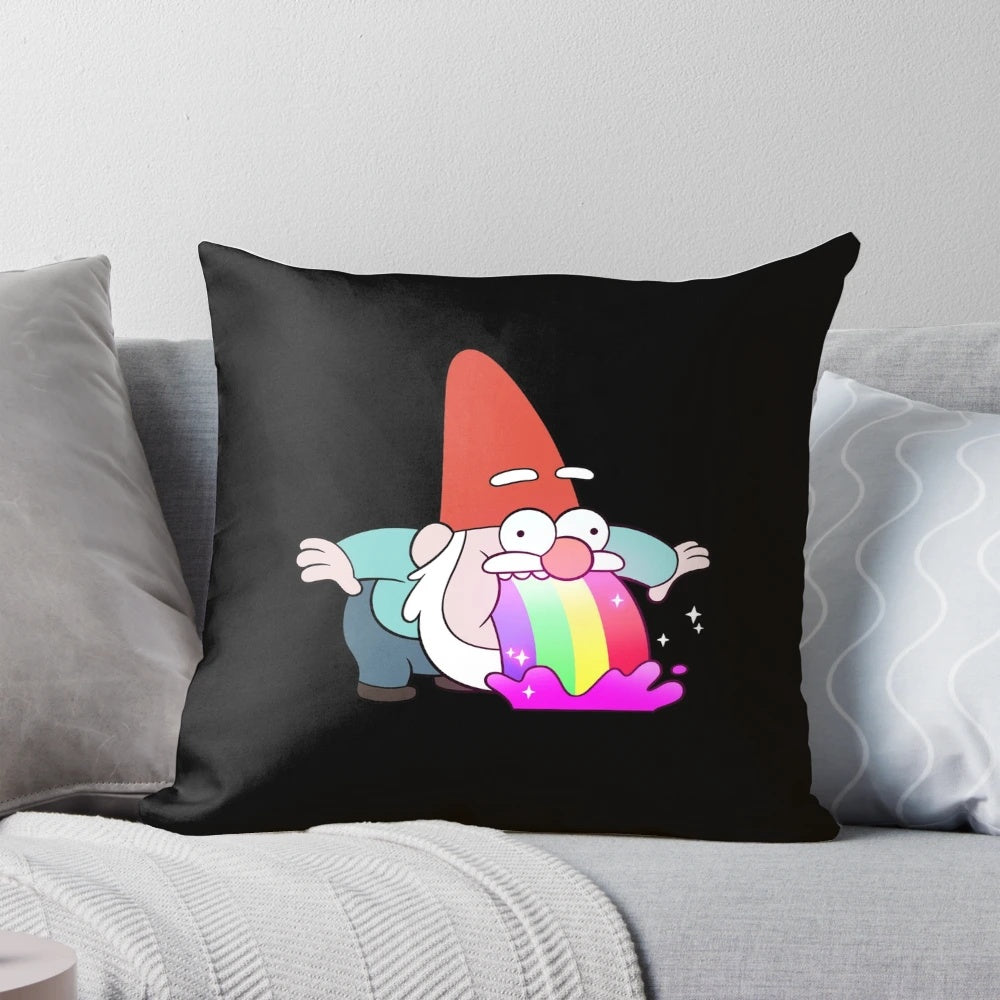 Colorful rainbow vomiting gnome decorative pillow inspired by the TV show Gravity Falls