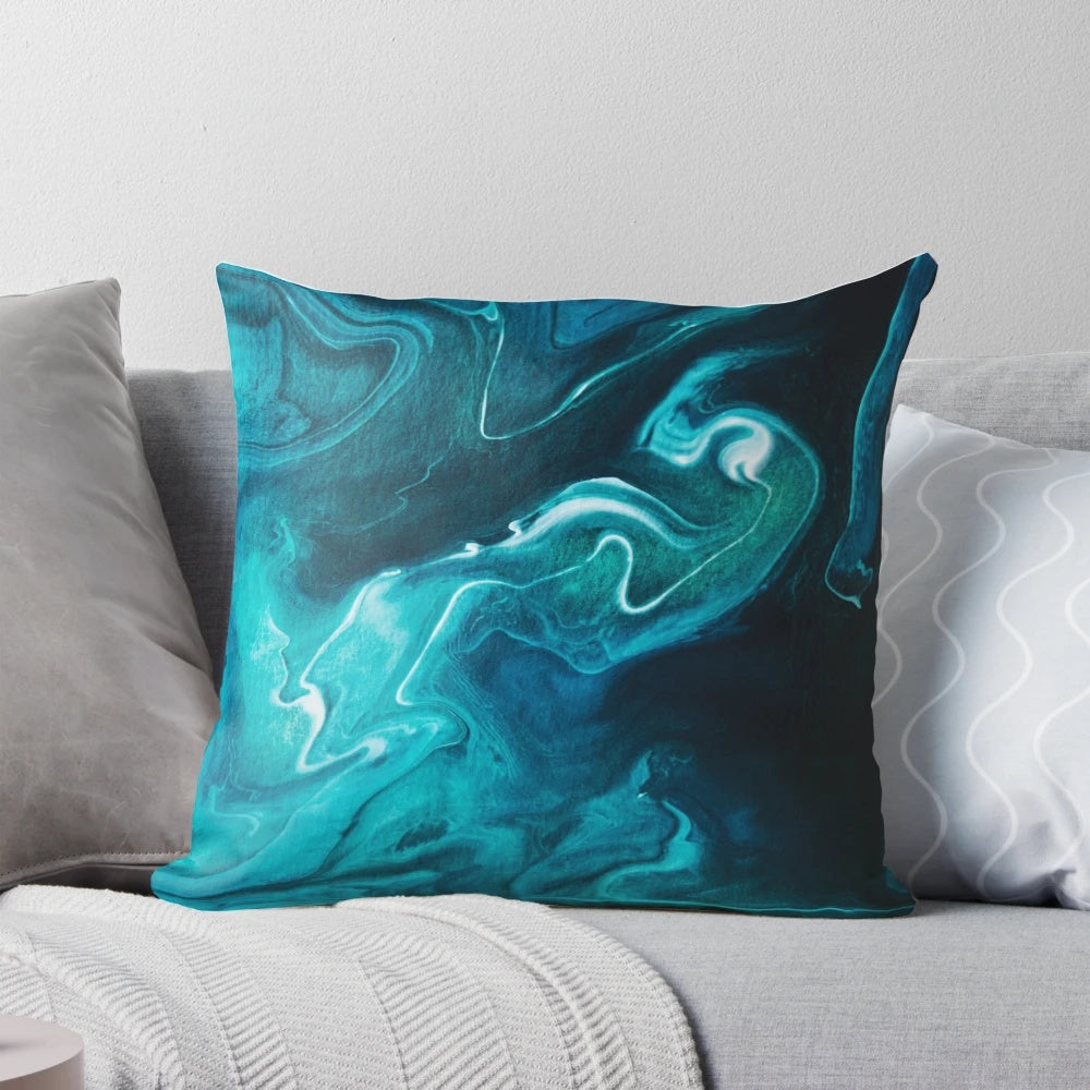 Gravity II modern decorative pillow with abstract teal and green swirl design