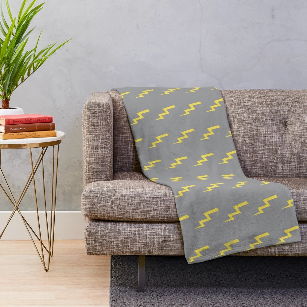 Gray and yellow lightning bolt print plush blanket for modern spring and summer home decor