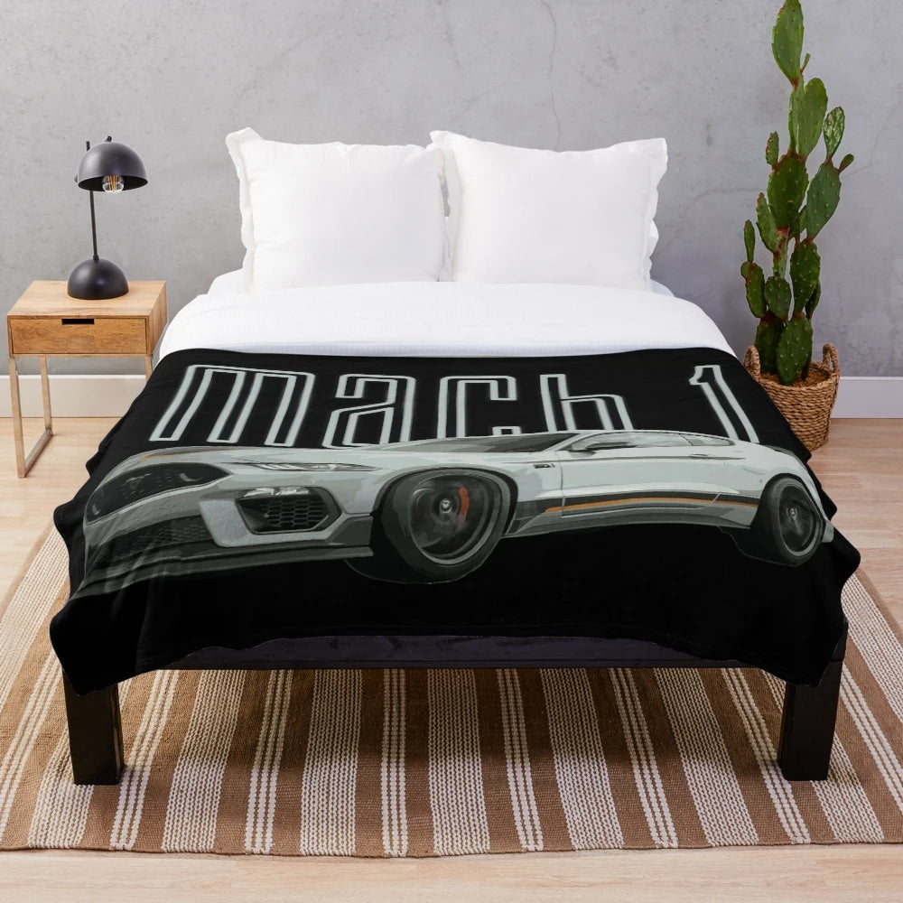 Gray plush blanket with Mach 1 Mustang GT 5.0L V8 performance car design