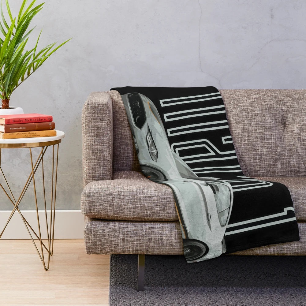 Gray plush blanket with Mach 1 Mustang GT 5.0L V8 performance car design