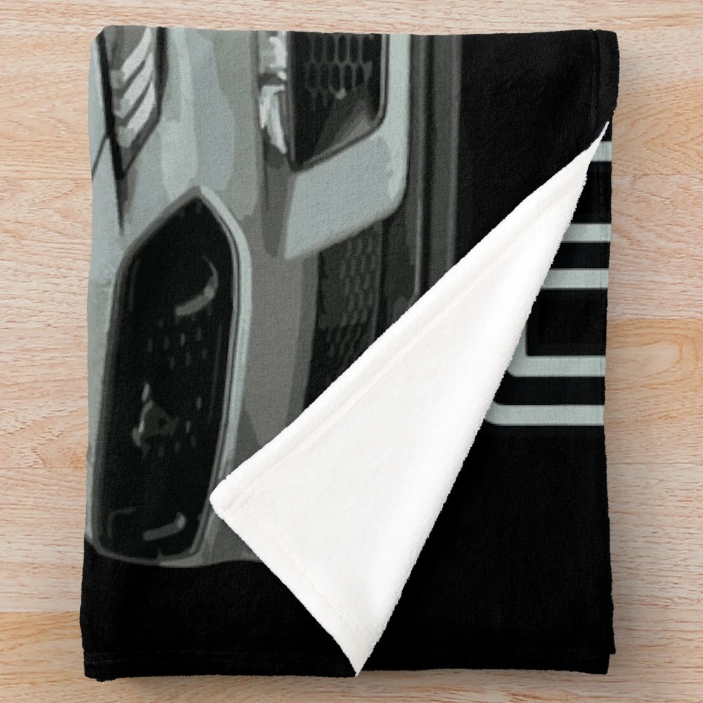 Gray plush blanket with Mach 1 Mustang GT 5.0L V8 performance car design